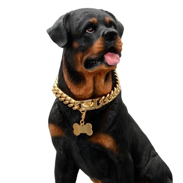 Correntes 14mm Cuban Link Dog Collar Colares Colares Ouro Forte Aço Inoxidável Pet Suprimentos Acessório Bone PendantsChains241W
