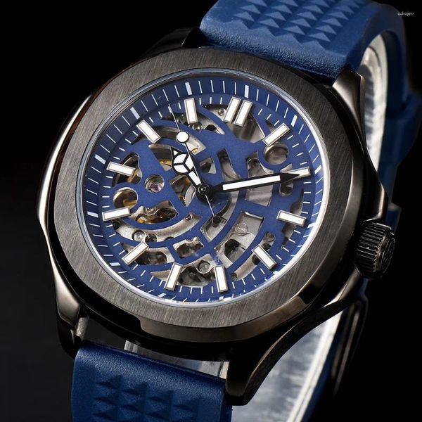 Наручные часы 39,5 мм, модные мужские наручные часы с полым скелетом, черные часы, автоматические механические водонепроницаемые с сапфировым стеклом, механизм NH70, ремешок 20 мм