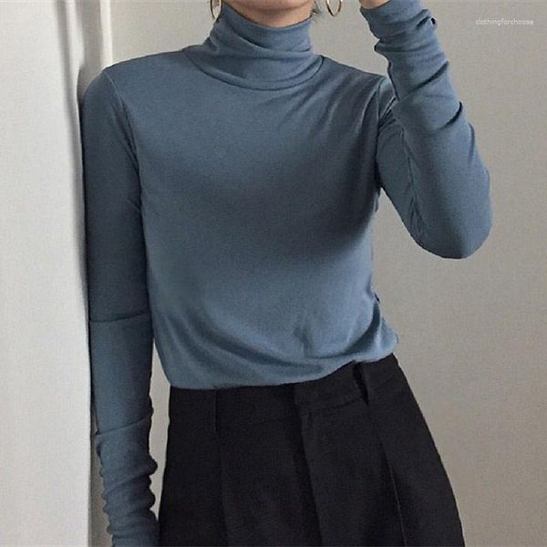 Mulheres Camisetas Harajuku Sólida Bottoming Camisa Mulheres Primavera Outono Tee Coreano Turtleneck Slim Manga Longa Preto Branco T-shirts 90s Tops