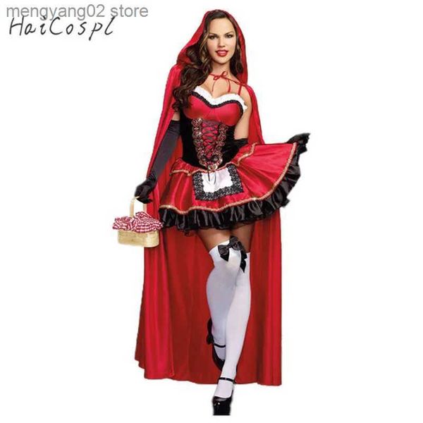 Tema Kostümü Küçük Kırmızı Binicilik Hood Kadınlar İçin Gel Yetişkin Yetişkin Cadılar Bayramı Cosplay Fantasia Karnaval Peri Masalı Artı Boyut Kız Elbise+Pelerin T231011