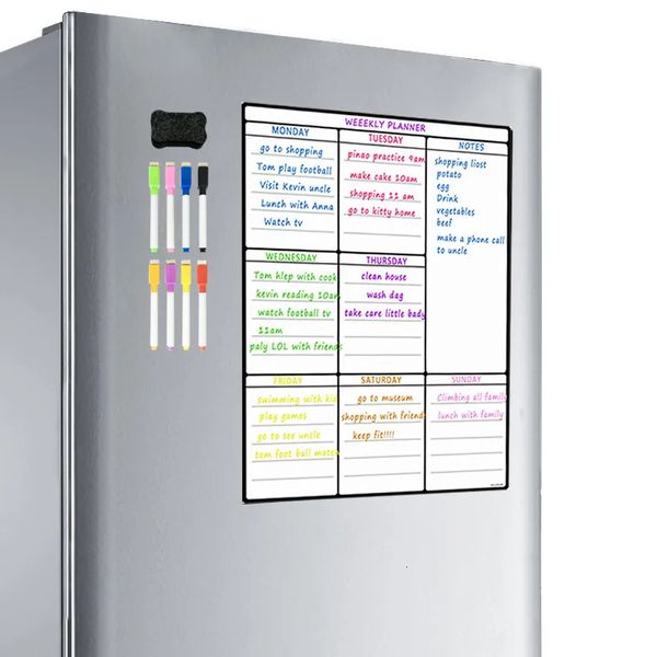 Доски Магнитная доска для кухонного холодильника Многофункциональный холодильник Еженедельная белая доска Календарь для планирования меню с 8 ручками 231007