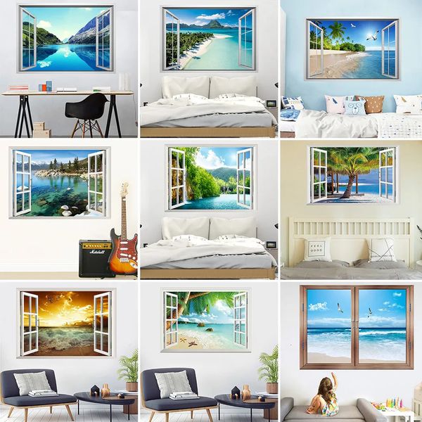 Adesivos de parede Praia gaivota balão 3D janela falsa paisagem adesivo de parede quarto sala de estar pintura decorativa 231010