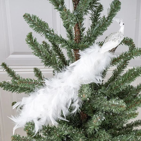 Weihnachtsdekorationen, künstliche weiße Pfauen, gefiederte Ornamente, Simulationsvögel, zum Anklipsen für Baum, Hochzeit, Anhänger 231011