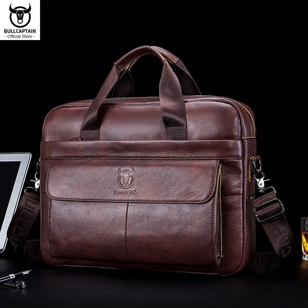 Pastas BullCaptain Men's Bag Genuine Leather Men Maleta para Laptop 14 Messenger Men's Leather Bag Business Portfolio para Documento A4 231011