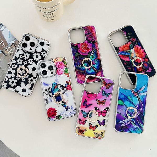 Capas de suporte de casca de dedo de metal para iPhone 15 Plus 14 Pro Max 13 Samsung A54 A34 A14 5G A24 A53 A13 S23 Ultra S22 S21 Flor Pássaro Borboleta Cromado Chapeamento Duro PC TPU Capa