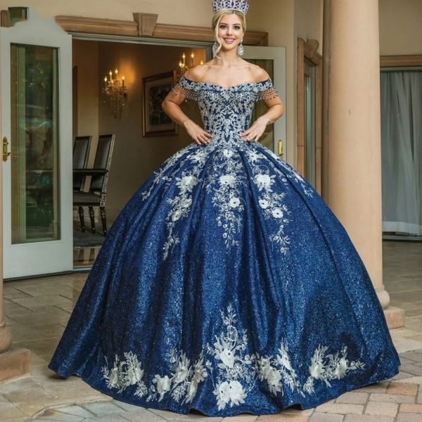 Blu navy lucido pizzo appliques perline abito Quinceanera abito da ballo nappa abiti da 16 abiti da cocktail Quinceanera abiti da 15