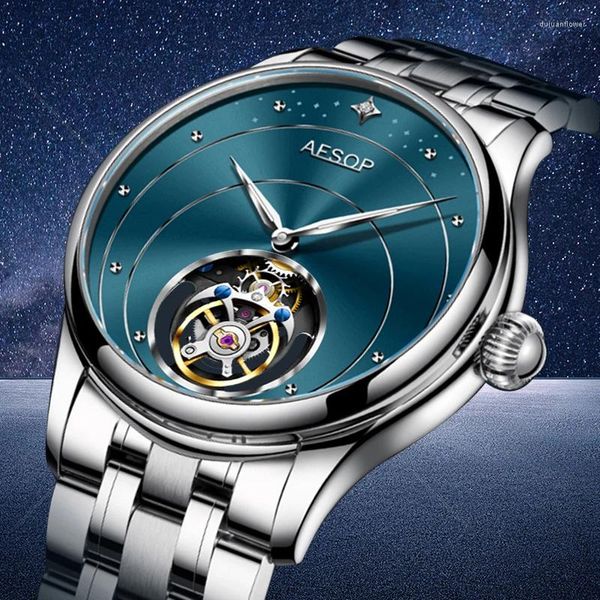 Relógios de pulso Aesop Flying Tourbillon Skeleton Watch para homens mecânico luxo safira negócios à prova d'água