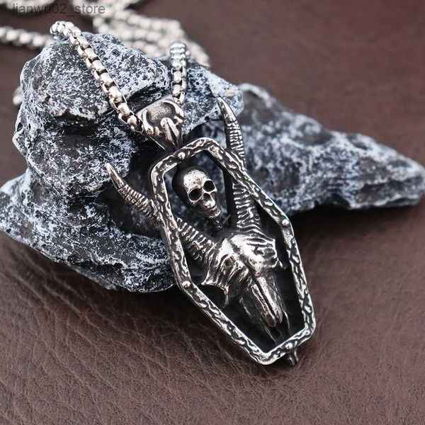 Outros acessórios de moda Colar de caveira de suspense vintage para homem gótico de aço inoxidável Satanás cabra pingente Lucifer Pagan Amulet exclusivo joias de Halloween Q231011