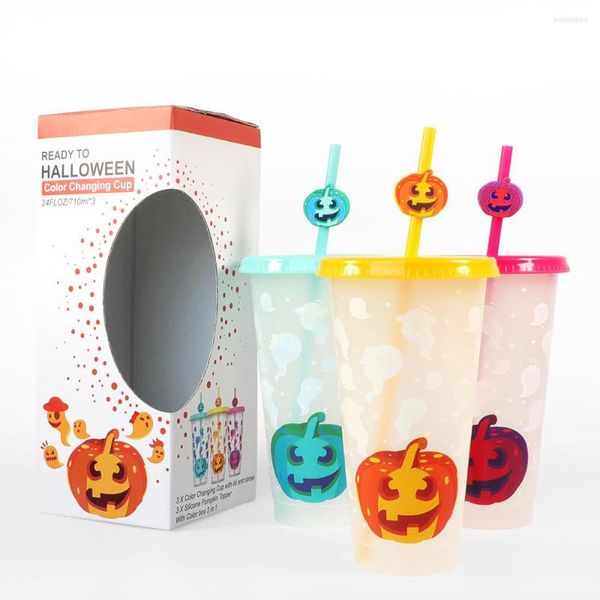 Tassen Halloween wiederverwendbar mit Strohhalmen, kreativer Plastikwasserbecher, dreiteiliges Set, lustiges kaltes Farbwechsel-Geschenk