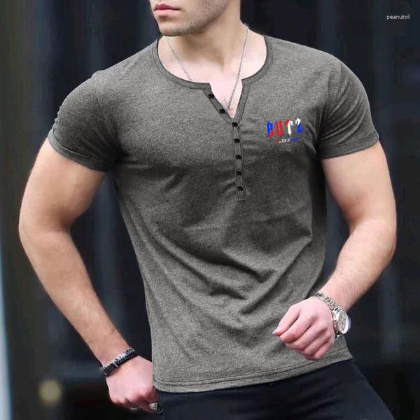 Erkek Polos Yaz Moda Günlük Kısa Kollu Erkekler Düz Renk V Boyun Düğmesi Yüksek Kalite T-Shirt Henley Tops