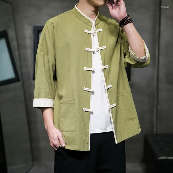 Мужские повседневные рубашки 2023, весенне-осенняя рубашка, китайские топы, Harajuku, хлопок и лен, винтажная одежда Тайцзи