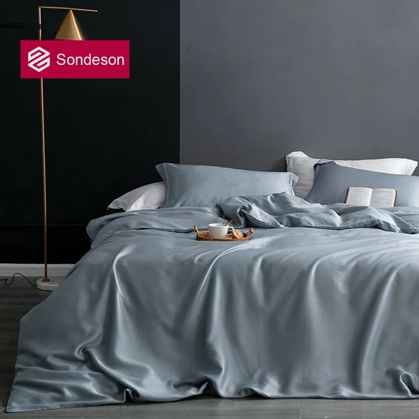 Комплекты постельного белья Sondeson Luxury Nature из 100% чистого шелка, сине-серый комплект Queen King, пододеяльник, плоская простыня или встроенная наволочка, кровать 231011