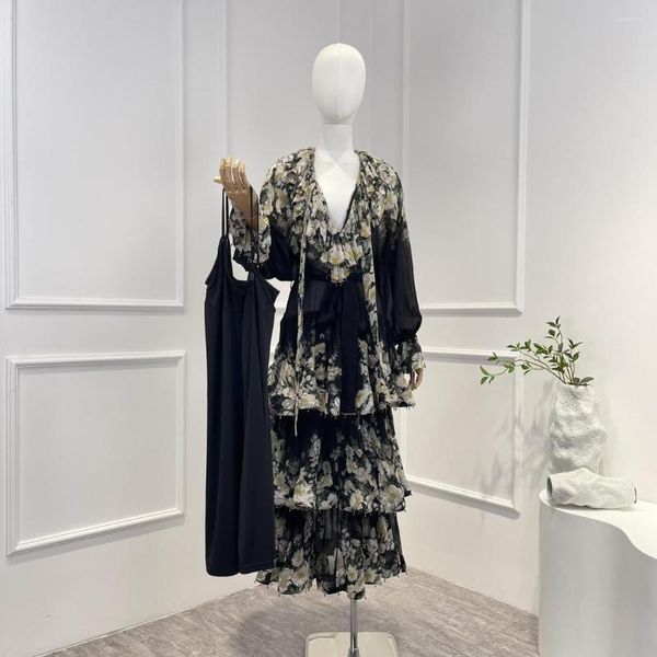 Sıradan Elbiseler 2023 Gelişler Yaz Yüksek Kaliteli Siyah Vintage Çiçek Baskı Kırları fırfırlar Uzun Kollu Kadın Midi Elbise