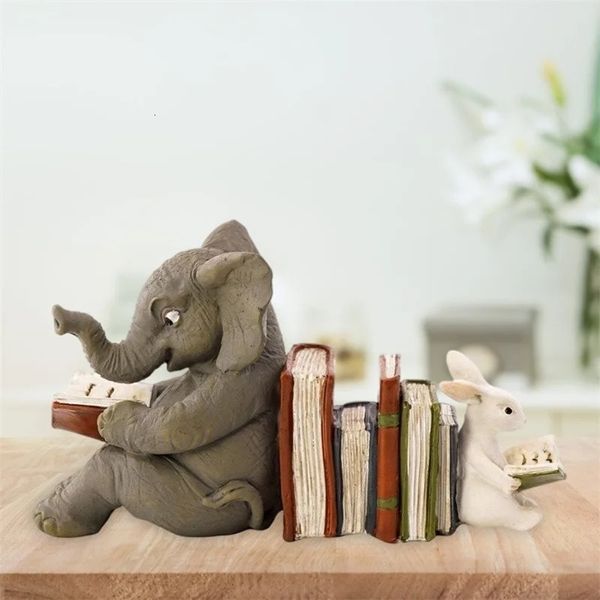Itens de novidade Elefante e Coelho Leitura Aprendizagem Estátua Bookend Resina Animal Decoração Home Decor 231011