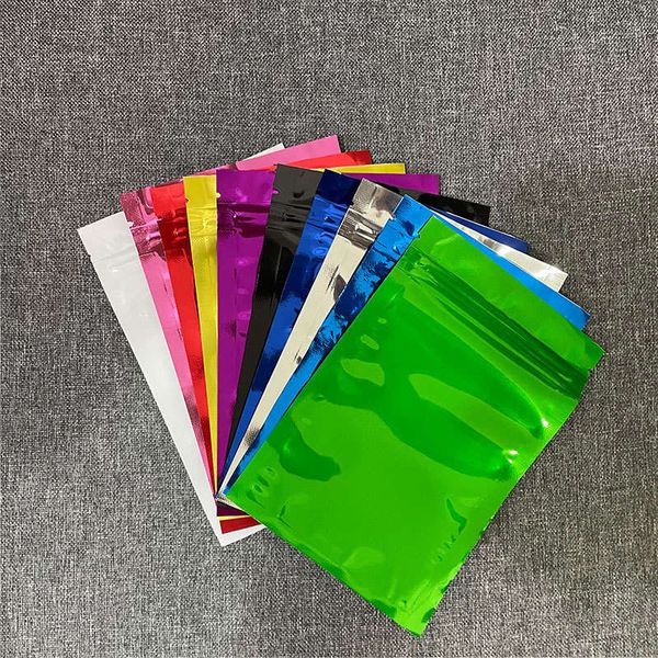 10 * 15 CM Colorido Brilhante Folha de Alumínio Sacos de Embalagem Mylar Zipper Grau Alimentício Selo Brilhante Bolsa de Presente de Plástico Para Chá Doces Açúcar Grãos de Café Máscara Cosméticos Nozes Frutas