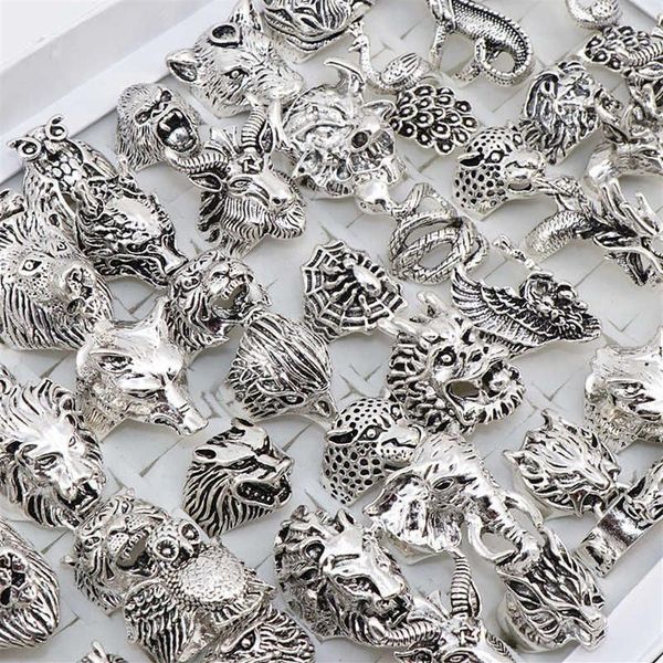 Ganze 20 Stück Lose Mix Schlange Eule Drache Wolf Elefant Tiger usw. Tierstil Antik Vintage Schmuck Ringe für Männer Frauen 2106232947