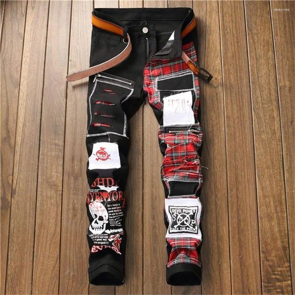 Jeans masculinos estilo rua cor correspondência remendo calças casuais estiramento calçado preto impresso punk