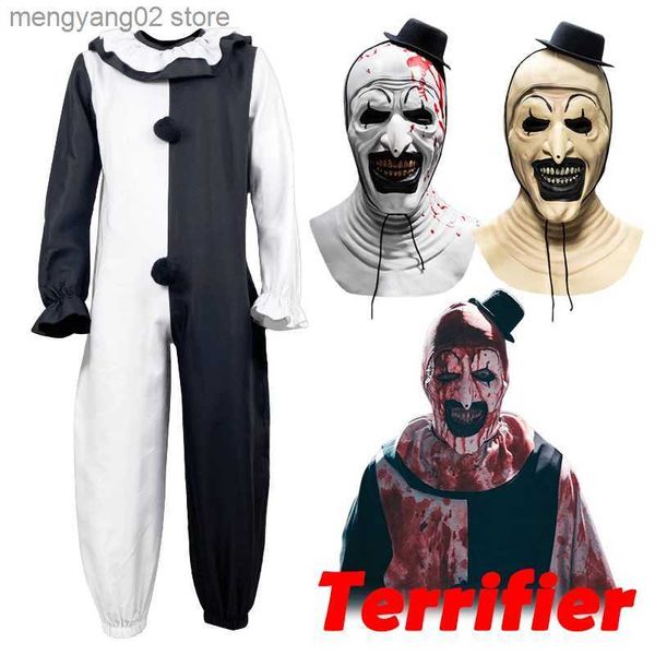 Tema Costume Terrifier Art Il Clown Cosplay Come Bloody Horror Clown Vestiti Tuta Maschera Vestito Festa di Halloween Arriva per Uomo Adulto T231011