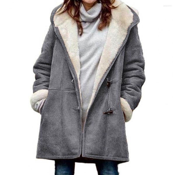 Mulheres Trench Coats Mulheres Fuzzy Jacket Fleece Forrado Com Capuz Chifre Botões Médio Comprimento Casaco Inverno À Prova de Vento Furry Outerwear Casaco