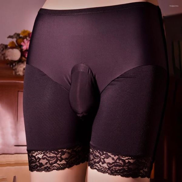 Cuecas homens sissy boxers roupa interior de seda gelo meias cintura média meia-calça longa bainha renda gay homem macio elasticidade calcinha