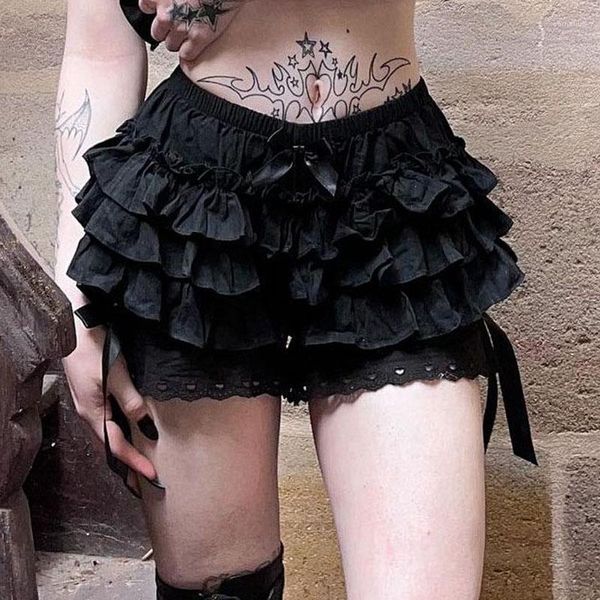 Mutandine da donna Gothic Lolita Pantaloncini di pizzo Donna Estetica nera Carino dolce fiocco con volant Bloomers Y2k E-girl Kawaii Frilly