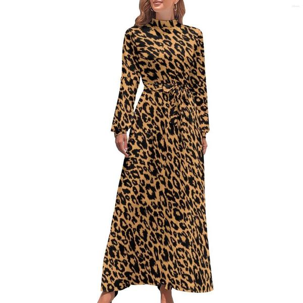 Casual Dresses Klassisches Leopardenkleid High Neck Trendy Animal Print Benutzerdefinierte Strand Langarm Street Wear Maxi Vintage Vestido