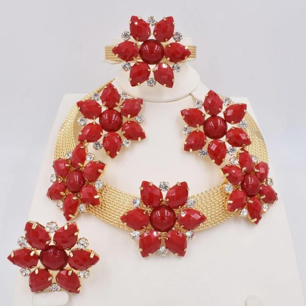Halskette Ohrringe Set Dubai Schmuck Damen für Hochzeit Party Geschenkset. 18 Karat Gold, rote Farbe. Ohrringe, Armband, Ring