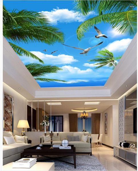 Sfondi Carta da parati murale 3D Cielo blu e palme da mare Soffitti paesaggistici della stanza