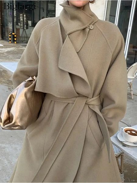 Misto lana da donna Autunno Inverno Cappotto lungo di lana Donna Pieghettato Moda Ufficio Coreano Sciolto Donna Giacche Manica lunga Donna Giacche Cappotti 231010
