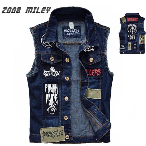 Klasik Vintage Erkekler Kot Yelek Kolsuz Ceketler Moda Yama Tasarımları Punk Rock Tarzı Yırtık Kovboy Yıpranmış Denim Yelek Tan2375