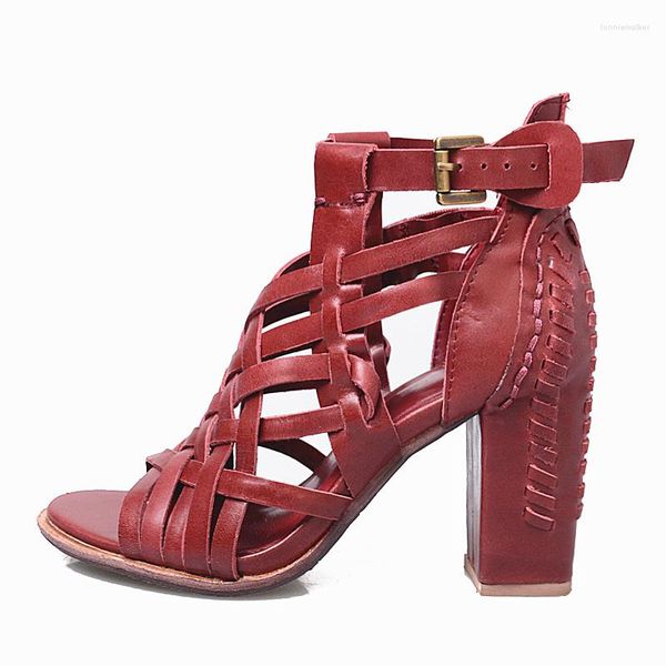 Sandálias de couro genuíno oco para fora peep toe salto alto feminino marca vintage festa fivela bloco gladiador sandalias sapatos vermelho