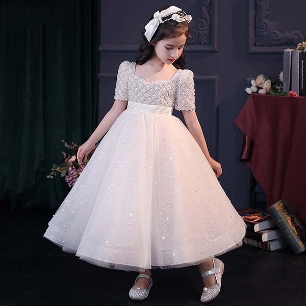 perle di lusso bianche Abiti da ragazza di fiori abito lucido blingbling Fiori fatti a mano Tutu di pizzo Abiti vintage per bambini piccoli per comunione Festa di compleanno Boho Abito da sposa