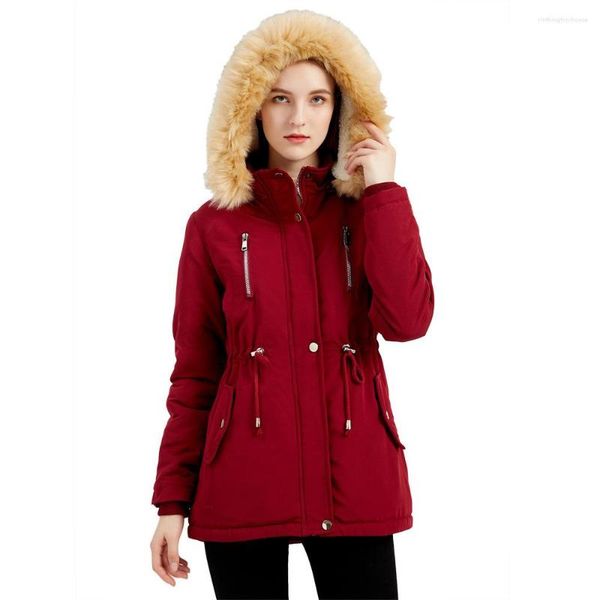 Damen-Trenchmäntel, solide Winterparkas, Baumwollmantel, abnehmbarer Pelz, flauschiger Mützenkragen, Damenjacke, warme Fleece-Oberbekleidung, Mantel