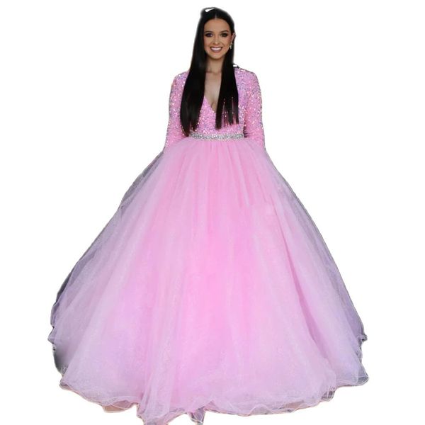 Işıltılı pullu top balo elbiseleri v boyun uzun kolu resmi gece elbisesi kristal kemer prenses vestidos de novia 326 326