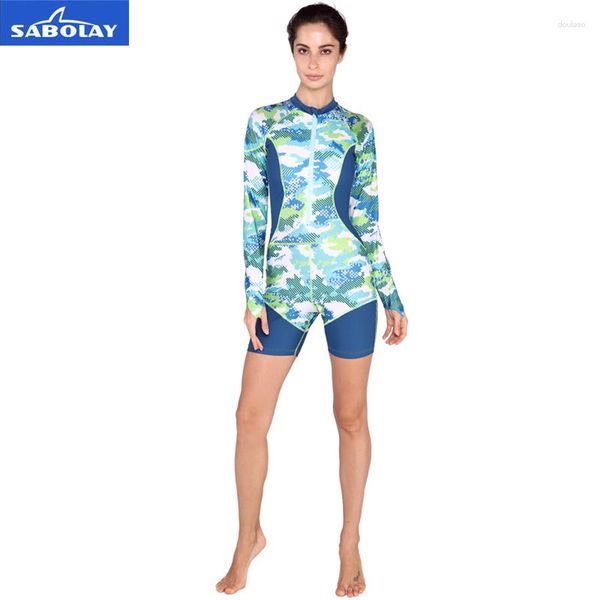 Mulheres Swimwear SABOLAY Mulheres de uma peça UPF50 Swim Camisas Elásticas Rash Guards Roupas Rashguard Surf Mergulho Protetor Solar Maiô