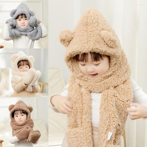 Berretti 3 in 1 Sciarpa con cappuccio Guanti Aspetto adorabile Caldo cartone animato Orso Orecchio Peluche Cappello per ragazze Cappelli casual carini per l'autunno inverno