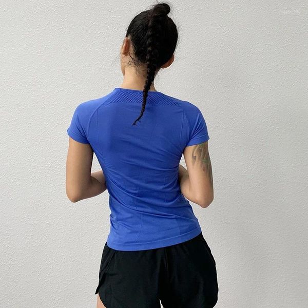 Active Shirts Damen Lauf- und Fitnessstudio-Kleidung Enges Yoga-Kurzarmshirt Atmungsaktives Mesh-T-Shirt Schnelltrocknend