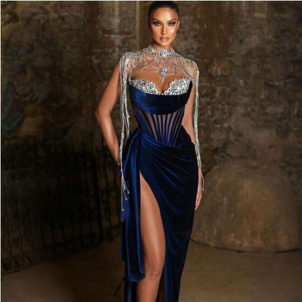 Abendkleid Damenkleid Stehkragen Blauer Samt mit Falten Lss Etui Yousef aljasmi Kendal Jenner Silber Kristall Kim kardashian266b