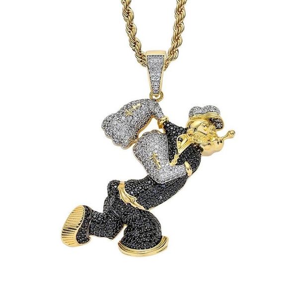 Hanger Kettingen Iced Out Volledige Kubieke Zirkoon Stripfiguur Popeye Hangers Ketting Voor Mannen Hip Hop Rapper Sieraden Gift3281