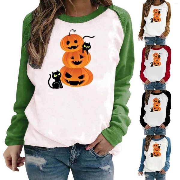 Damen-Kapuzenpullover, großes, leichtes Sweatshirt mit Rundhalsausschnitt und langen Ärmeln, Halloween-Kürbis-Aufdruck, locker sitzende Damen-Sweatshirts mit Reißverschluss