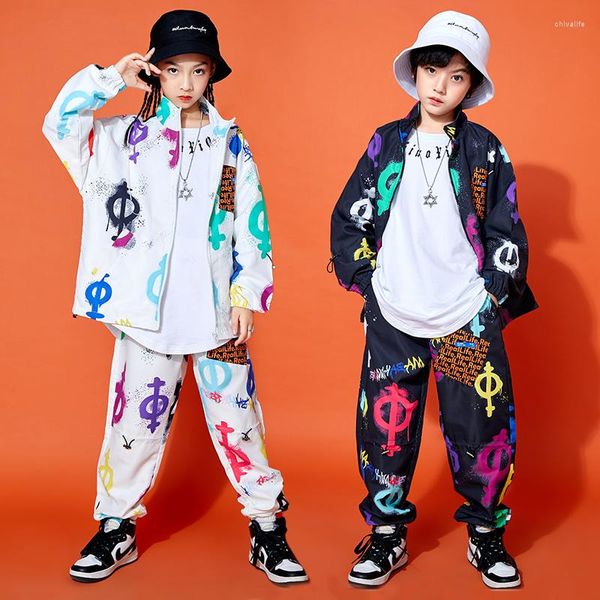 Palco desgaste tops jogger calças para meninas meninos adolescente jazz show dança traje conjunto crianças rua hip hop roupas oversize graffiti jaqueta