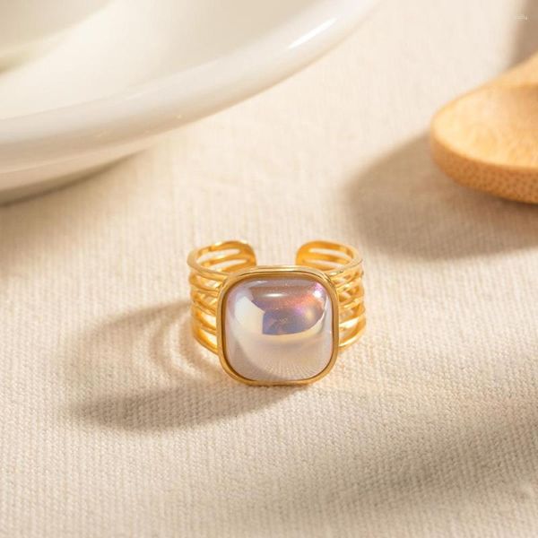Anéis de cluster vintage multi camada design quadrado sereia grânulo aberto anel para mulheres de aço inoxidável à prova d 'água ajustável jóias presente