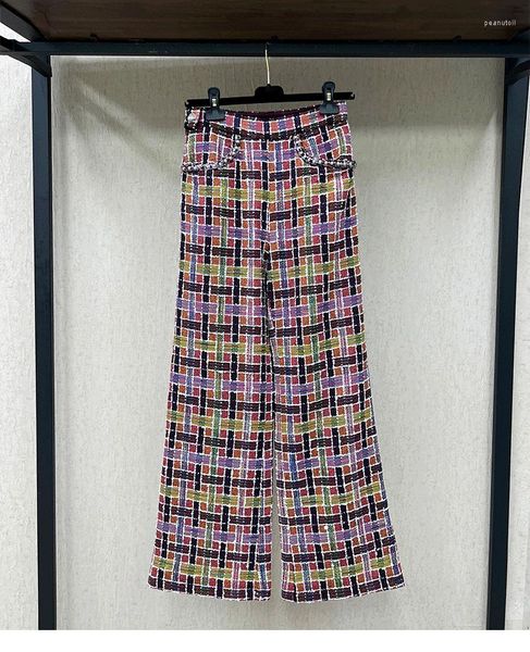 Calça feminina cintura alta perna larga cintura colorida tecido macio tweed micro esfarrapado