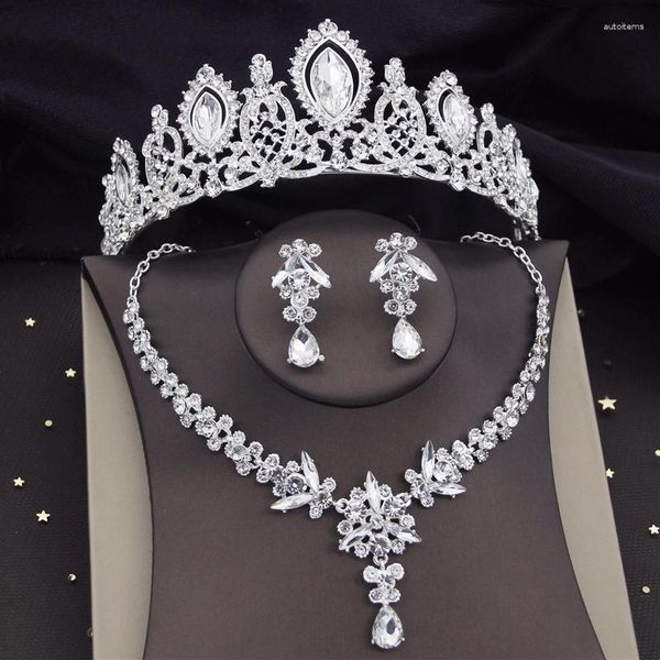 Collana di orecchini set splendidi set da sposa in cristallo per le donne da sposa colori argento diademi corona accessori moda