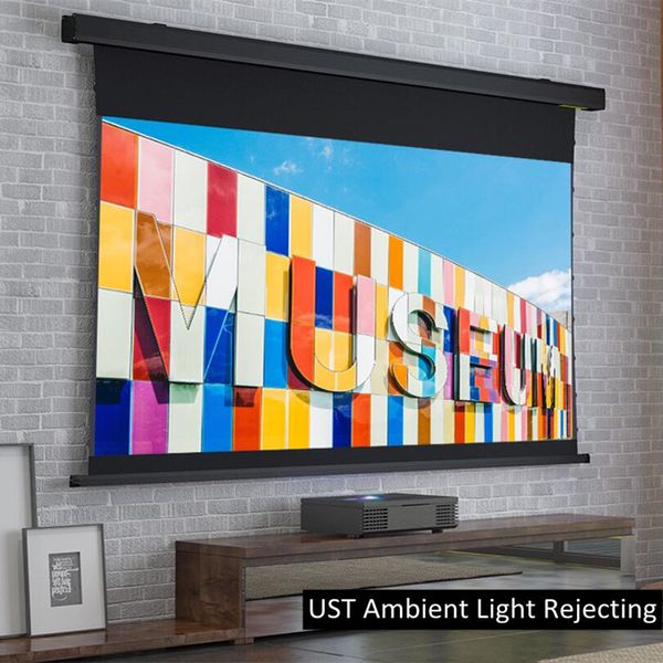 150-дюймовый моторизованный экран ALR с натяжением на язычке UST проектор Ультракороткофокусный экран для проектора 4K с отклонением окружающего света