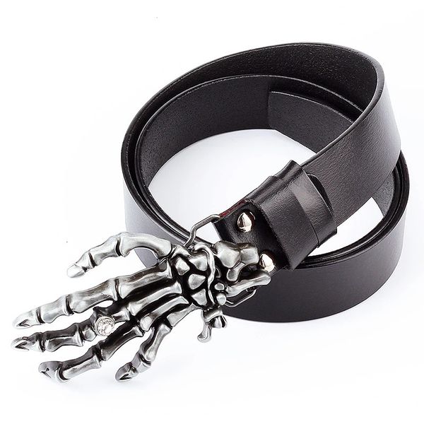 Outros acessórios de moda Cool Men's Belt Bone of Hand Skeleton Cowskin Couro Diabo Mãos Crânio Hip Hop Estilo Cintura Homem Presente 231011