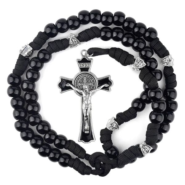 Girocolli Paracord nero Uomo Rosari Collana con croce di perline acriliche da 12 mm per soldato Rosario robusto cattolico 231010