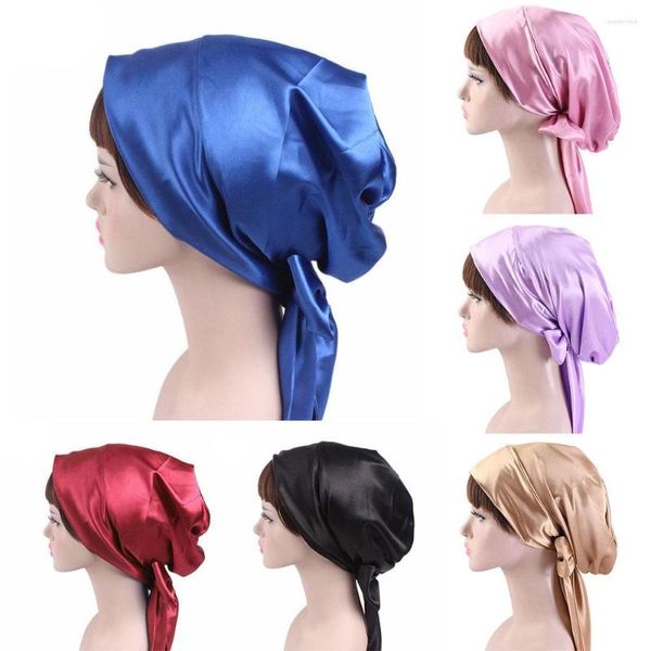 Roupas étnicas Cetim Seda Hijabs para Mulheres Islam Udnerscarf Bonnet India Hat Long Tail Tie Instant Muslim Turban Headscarves