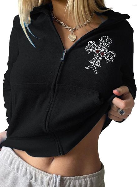 Damen-Kapuzenpullover, kurze Y2K-Sweatshirts, modisch, lässig, schwarz, langärmelig, mit Reißverschluss, Reverskragen, Vintage-Herbstjacke für Teenager und Mädchen
