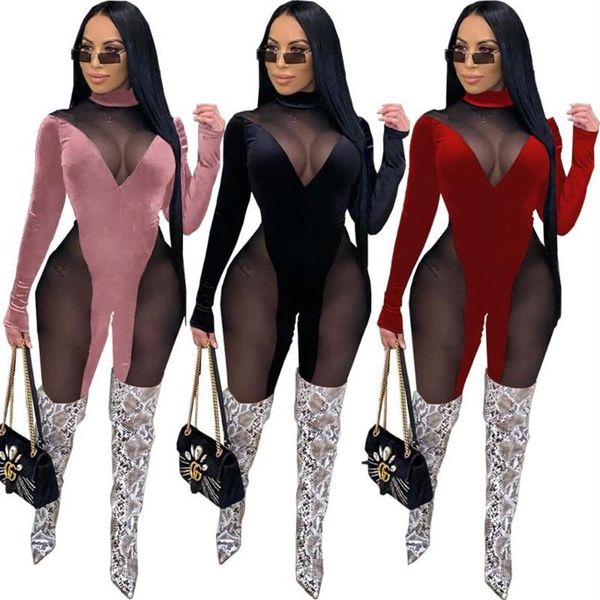 Herbst Mesh Samt Patchwork frauen Overall Sexy Club Party Ein Stück Gesamt Hohe Taille Bodycon Strampler Outfit265R